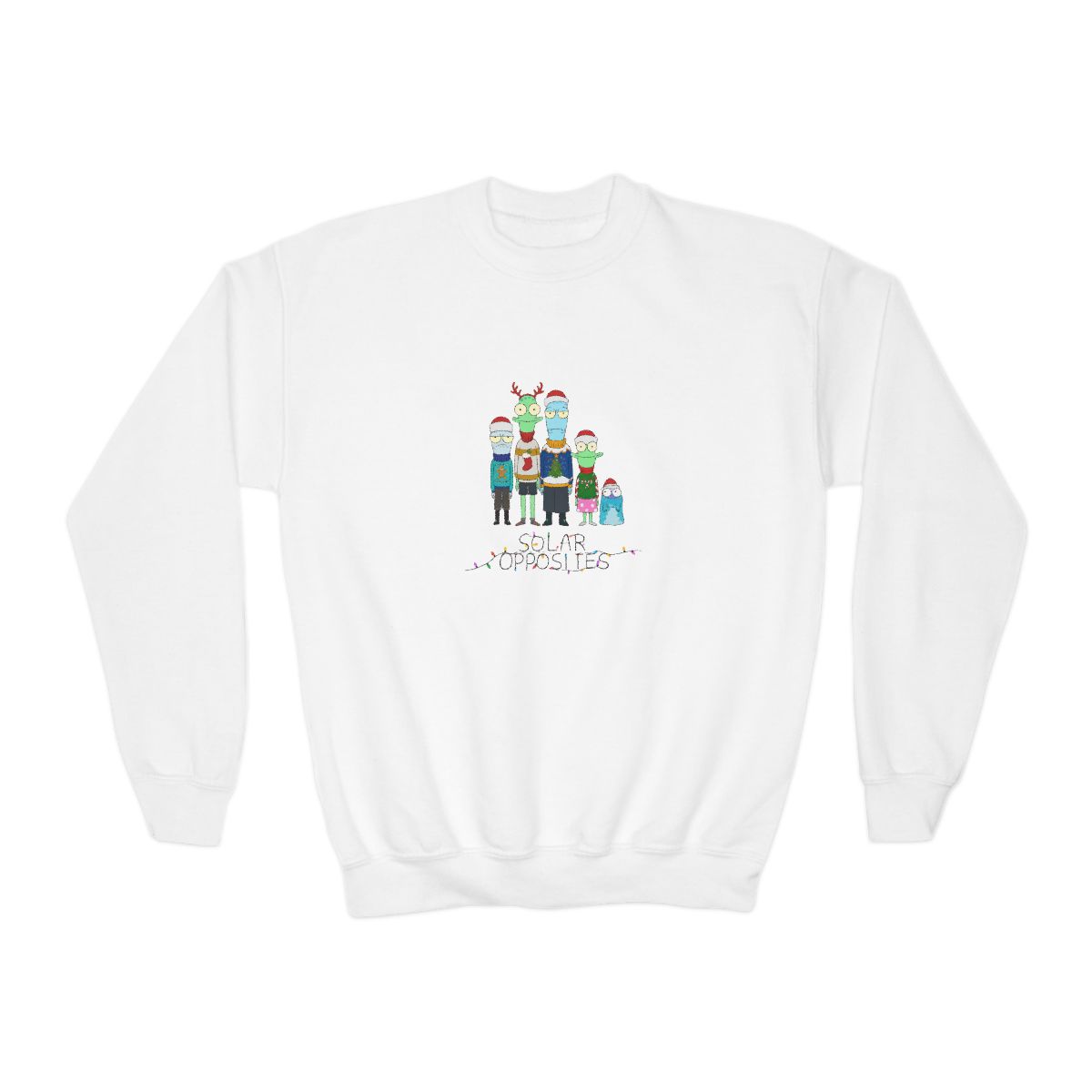 Solar Opposites Holiday Group Fleece Crewneck Kids Sweatshirt - alternate angle 2, merchandise
